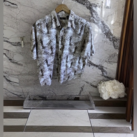 CAF'E LUNA FISH PRINT SHORT SLEEVE SHIRT BEIGE BROWN & WHITE XL(46/48)Men Cotton - Picture 4 of 16